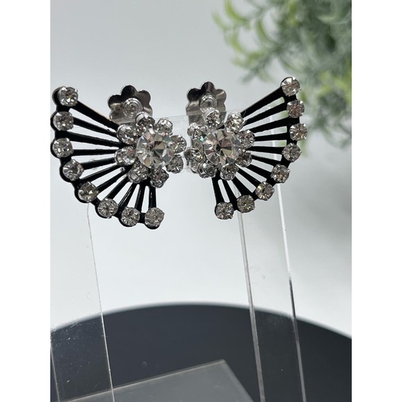 Coro Vintage Signed Rhinestone Clip-On Fan Silver Tone Black Crystal Earrings - Picture 12 of 16